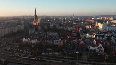 Szczecin Eski Şehir Hava Görüntüsü Sunset 'te