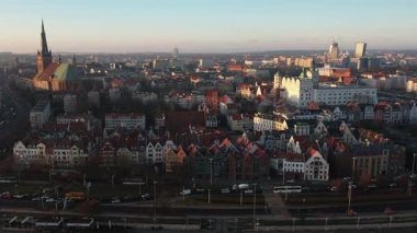 Szczecin Eski Şehir Hava Görüntüsü Sunset 'te