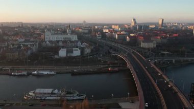 Szczecin Eski Şehir Hava Görüntüsü Sunset 'te