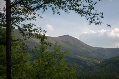 Polonya 'nın Karkonosze Dağları' nın (Dev Dağlar) en yüksek zirvesi olan Sniezka 'nın manzarası, Krucze Skaly bakış açısından görülmektedir.. 