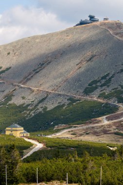 Sniezka tepesi manzarası ve dolambaçlı dağ yolu ile Dom Slaski dağ sığınağı, Karkonosze Ulusal Parkı, Polonya.