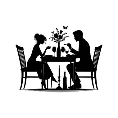 Romantik çift akşam yemeği silueti. Çok güzel hazırlanmış bir Sevgililer Günü çift çizimi.