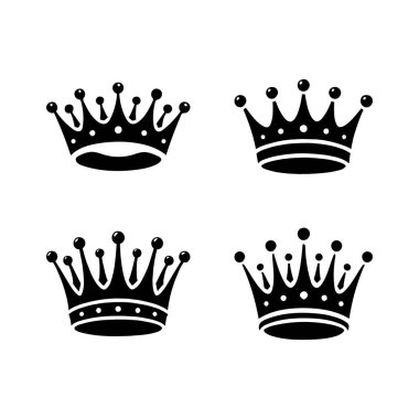 Taç simgeleri hazır. Kraliyet tacının siyah siluetleri. Basit taç sembolü koleksiyonu.