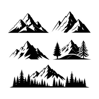 Dağ silueti simgesi vektör kümesi veya logo koleksiyonu.