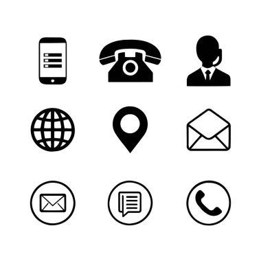 İş bağlantısı simgesi, telefon, cep telefonu, konum, posta, web sitesi, ileti, Kişi sembolü tasarım şablonu.