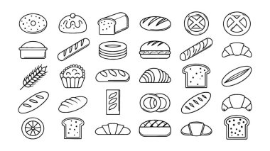 Ekmek ve fırın somun ekmek pişirme ince çizgi ikon vektör kümesi koleksiyonu
