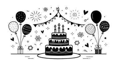 Doğum günü karalama ikonu elementleri. Elle çizilmiş doğum günü pastası. Balonlar. Hediye. Ve parti konsepti için etkinlik dekorasyonları. Vektör illüstrasyonu.