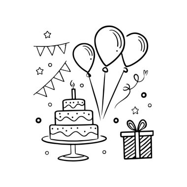 Birthday doodle icon elements. Hand drawn sketch birthday cake. balloons. Gift. and event decorations for party celebration concept. Vector illustration. clipart