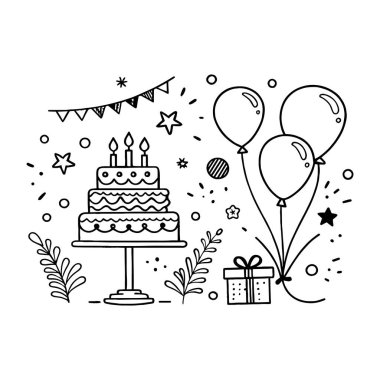 Doğum günü karalama ikonu elementleri. Elle çizilmiş doğum günü pastası. Balonlar. Hediye. Ve parti konsepti için etkinlik dekorasyonları. Vektör illüstrasyonu.