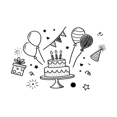 Doğum günü karalama ikonu elementleri. Elle çizilmiş doğum günü pastası. Balonlar. Hediye. Ve parti konsepti için etkinlik dekorasyonları. Vektör illüstrasyonu.