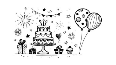 Doğum günü karalama ikonu elementleri. Elle çizilmiş doğum günü pastası. Balonlar. Hediye. Ve parti konsepti için etkinlik dekorasyonları. Vektör illüstrasyonu.