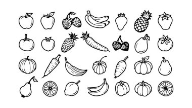Meyve çileği ve sebze yiyecek çizgisi simgesi seti, Vektör illüstrasyon