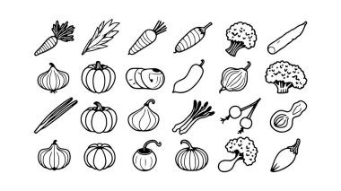 Meyve çileği ve sebze yiyecek çizgisi simgesi seti, Vektör illüstrasyon