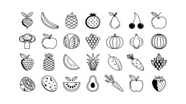 Meyve çileği ve sebze yiyecek çizgisi simgesi seti, Vektör illüstrasyon