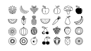 Meyve çileği ve sebze yiyecek çizgisi simgesi seti, Vektör illüstrasyon