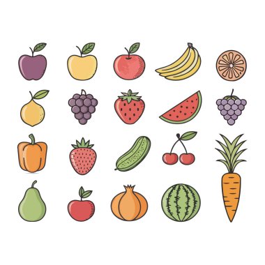 Meyve ve sebze yiyecek ikonları vektör seti, illüstrasyon