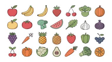 Meyve ve sebze yiyecek ikonları vektör seti, illüstrasyon