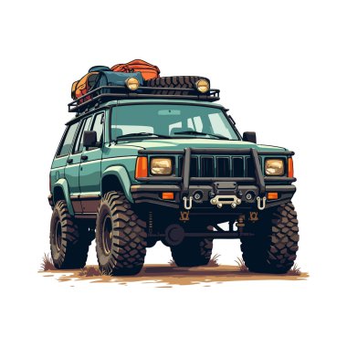 Jeep araba seyahat vektör çizimi ile açık hava macerası