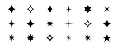 Siyah yıldız simgesi seti. Yıldız simgesi koleksiyonu. Işıldayan yıldız ikonu hazır. Farklı yıldız şekilleri. Vektör illüstrasyonu