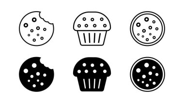 Kurabiye ve top kek silueti ikonu seti. Bisküvi ve atıştırmalık vektör ikonu, pastane tatlı yemeği. Vektör illüstrasyonu