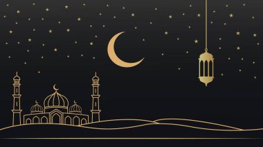 Ramazan ve bayram temalı tasarım. Altın hilal. Cami. Fenerler. İslam geçmişi. Vektör illüstrasyonu