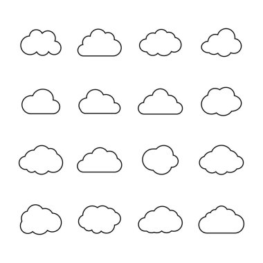 Bulut çizgisi resim simgesi seti, depolama çözümleri, veritabanları, yazılımlar, ağ oluşturma ve meteoroloji kavramlarını temsil ediyor. Vektör illüstrasyonu