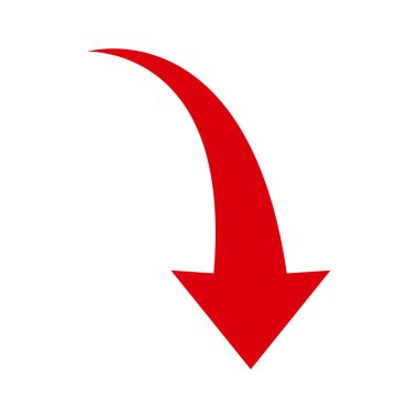 Beyaz arka planda sağa ve aşağıya bakan kırmızı kıvrımlı bir ok. Yön sembolü. Uygulama, UI, web için ok sembolü. Vektör illüstrasyonu