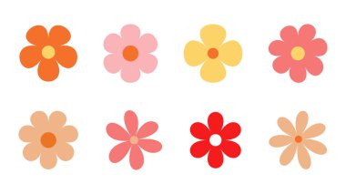 Havalı hippi papatya çiçekleri. El çizimi dekoratif elementler. Retro vintage biçimi, çiçek simgesi, düz renkler, düz çizgi film, Vektör illüstrasyonu