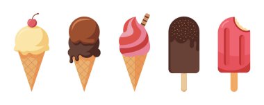 Dondurma renkli vektör seti. Beyaz arkaplanda yaz dondurması ve waffle külahları