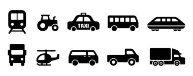 Silüet taşıma aracı simgesi ayarlandı. taksi, tren, otobüs, kamyon, minibüs, helikopter ve traktör
