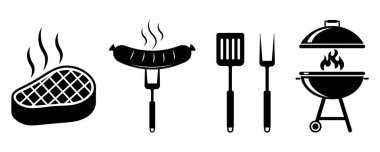 Barbekü ve ızgara siluet ikonu seti. Barbekü aletleri, sosis, biftek ve ızgara elementleri. Vektör.