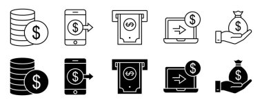 Para simgesi ayarlandı. Taslak ve sağlam finans simgeleri nakit, transfer, geri çekilme, vektör tasarımı