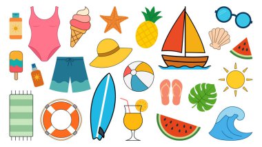 Plaj ve yaz ikonları. Tekne, meyve suyu, ananas, güneş gözlüğü, sörf tahtası ve daha fazlası ile düz vektör seti