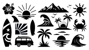 Tropik plaj sörf silueti vektörü palmiye ağacı, sörf tahtaları, dalgalar, kamyonet, yaz elementleri sanat