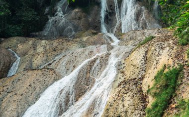 Tropikal yağmur ormanlarında kayalarla çağlayan orman şelaleleri