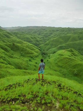 Yeşil tarlası olan genç, güzel Asyalı adam.