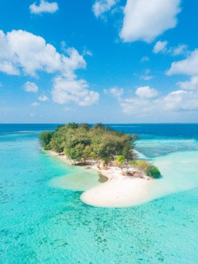 Beyaz adada deniz ve hindistan cevizi palmiyesi olan güzel tropikal plaj