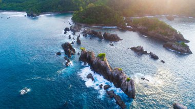 Tropikal bir adadan gökyüzü manzarası ve okyanus dalgaları sahile çarpıp köpürüyor..