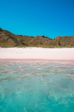 Turkuaz suyu ve mavi gökyüzü olan güzel pembe plaj.