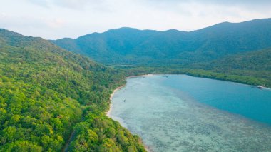 Hindistan cevizi hurma ağacı Adası doğa arka plan ile pastoral mavi deniz beyaz kum plaj üstten görünüm