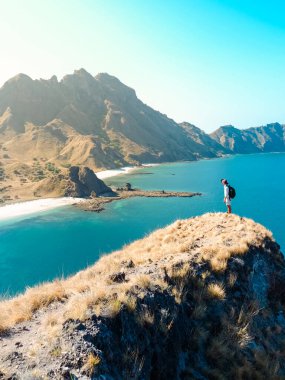 Endonezya 'daki Komodo Ulusal Parkı' nın muhteşem manzarasının tadını çıkaran genç bir adamın arka görüntüsü. yaz arkaplanı ve yaz tatili konsepti.