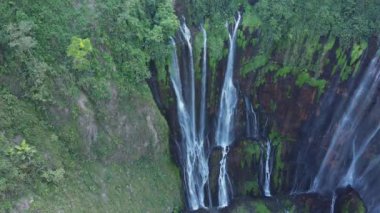 Yeşil tropik bitkilerle Tumpak Sewu şelalesinin güzel hava manzarası. 4K çözünürlüklü bir İHA tarafından vuruldu.