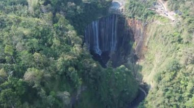 Yeşil tropikal bitkilerle Tumpak Sewu şelalesinin güzel hava manzarası.