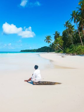 Hindistan cevizi ağacı ve güzel tropikal plaj. yaz arkaplanı ve yaz tatili konsepti.