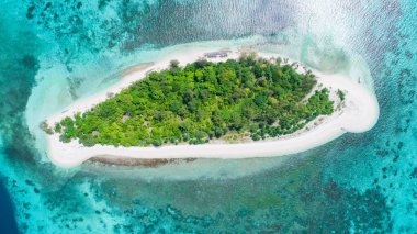 Temiz turkuaz suyu olan güzel tropikal bir maldivler adasının havadan görüntüsü. yaz arkaplanı ve yaz tatili kavramı.