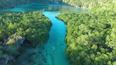 Telaga Nirwana, Rote Islnad, Doğu Nusa Tenggara, Endonezya 'daki güzel bir mangrov ormanı boyunca sakin denizde bir adamın havadan görünüşü.