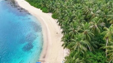 Tropikal adada palmiye ağaçları ve beyaz kumlu kumsalda yürüyen bir adam görüntüsü.