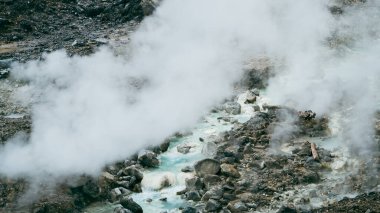 Kayaların arasında delikleri olan volkanik fümeroller gaz ve çok sıcak kaynar su çıkartıyor..