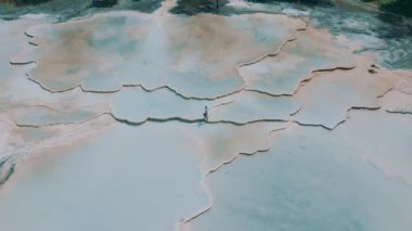 Bir adamın havadan görünüşü şelaleli ve kaplıcalarda yürür.