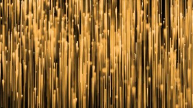 Parlak ışık efekti ve siyah arkaplan üzerinde bokeh etkisi ile soyut ve zarif altın parıldayan çizgiler düşüyor. Toz, altın parçacıkları yağmuru.